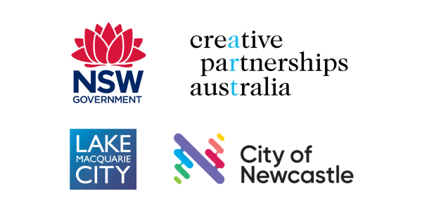 A series of logos recognising government partners including NSW Government, Creative Partnerships Australia, Lake Macquarie City Council and City of Newcastle.